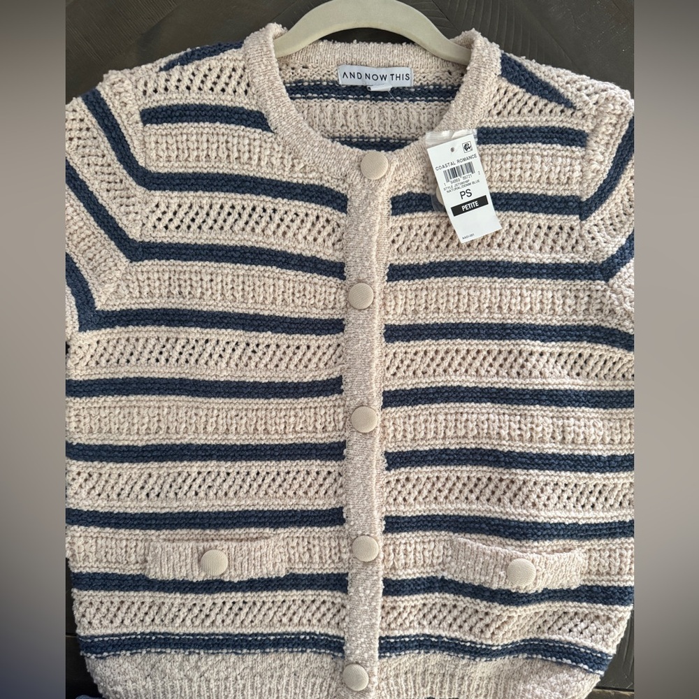 And Now This Women's Button-Up Striped Cardigan - Cream and Blue